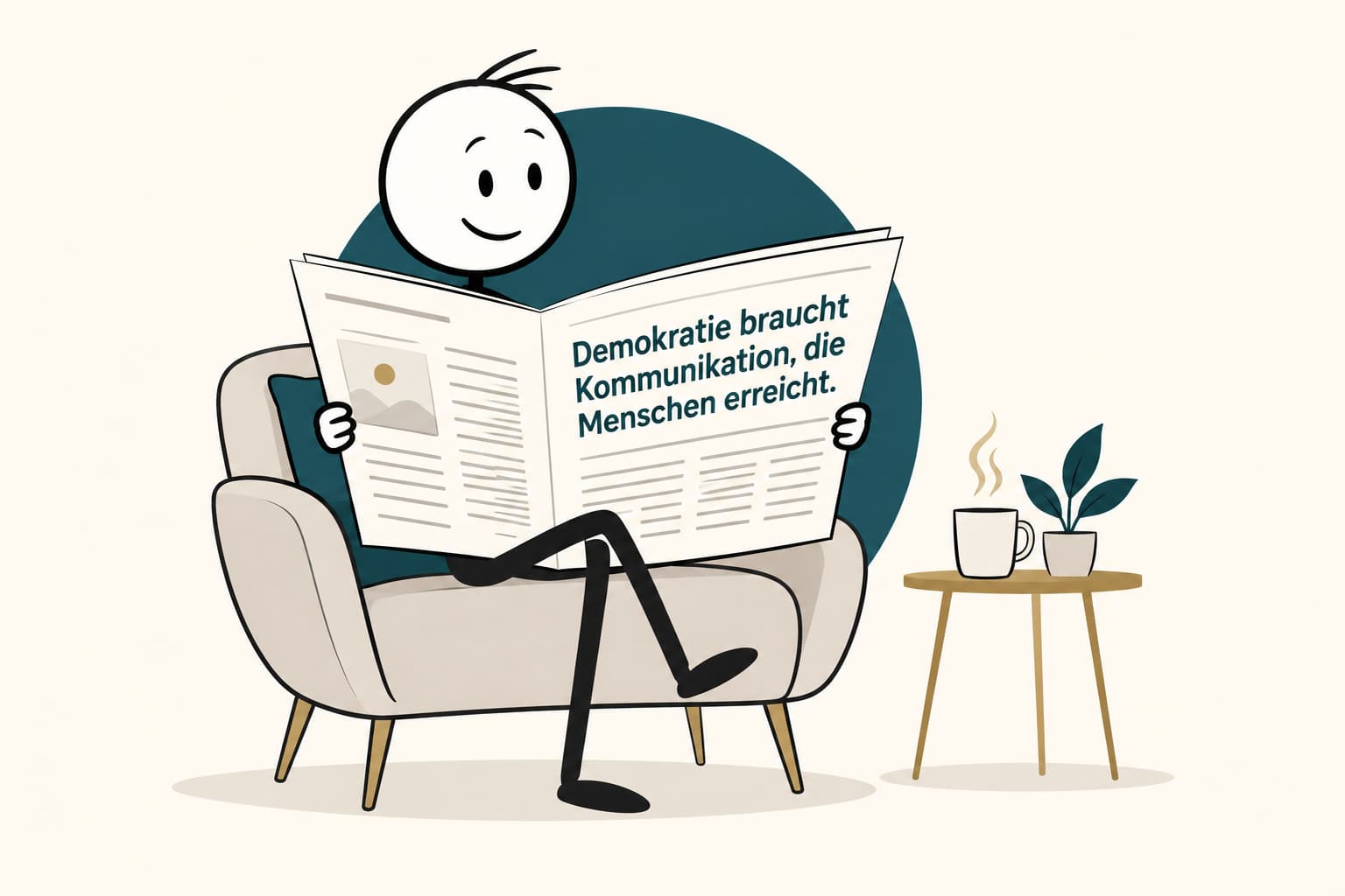 Das Strategie-PIE-Strichmännchen liest eine Zeitung mit einem Zitat über demokratische Kommunikation