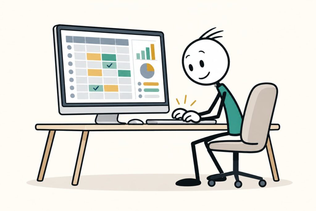 Illustration: Eine Person wertet eine Tabelle mit Diagrammen aus